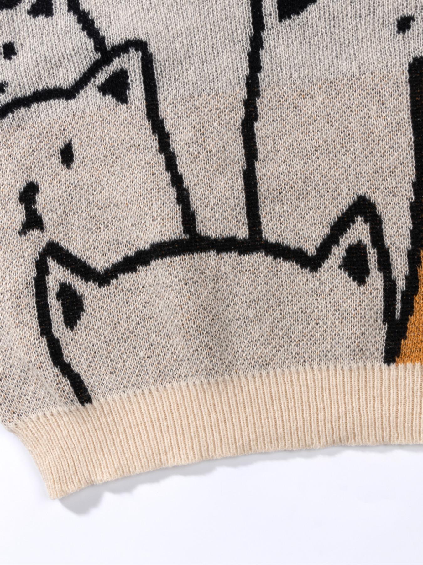 Unisex Men's All Over Cat Print Drop Shoulder Sweater, Cute Casual Long Sleeve Round Neck Jumper for Spring & Fall, Fashion Men's Knitwear for Daily Wear, Casual Comfy Pullover, Menswear