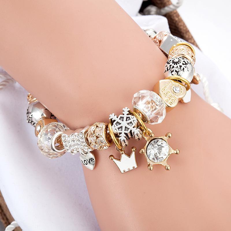 Beaded Crystal Bracelet with Crown, Heart & Snowflake Charms, Elegant Fashion Jewelry for Women, Perfect for Daily Wear, Parties & Gifting