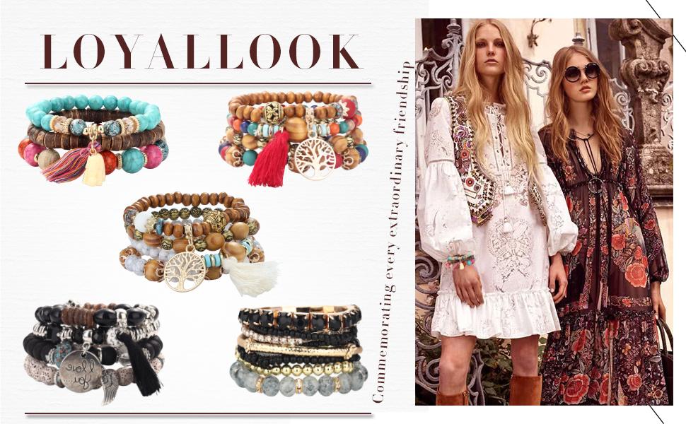 LOYALLOOK 8 Sets Bohemian Stackable Bead Bracelets for Women Stretch Multilayered Boho Stackable Bracelets Stack Beads Multicolor Beaded Strand Bangle Charm Bracelets Boho Tassel Bracelet Set Handmade Jewelry Elastic Cord Summer Gift Perfect