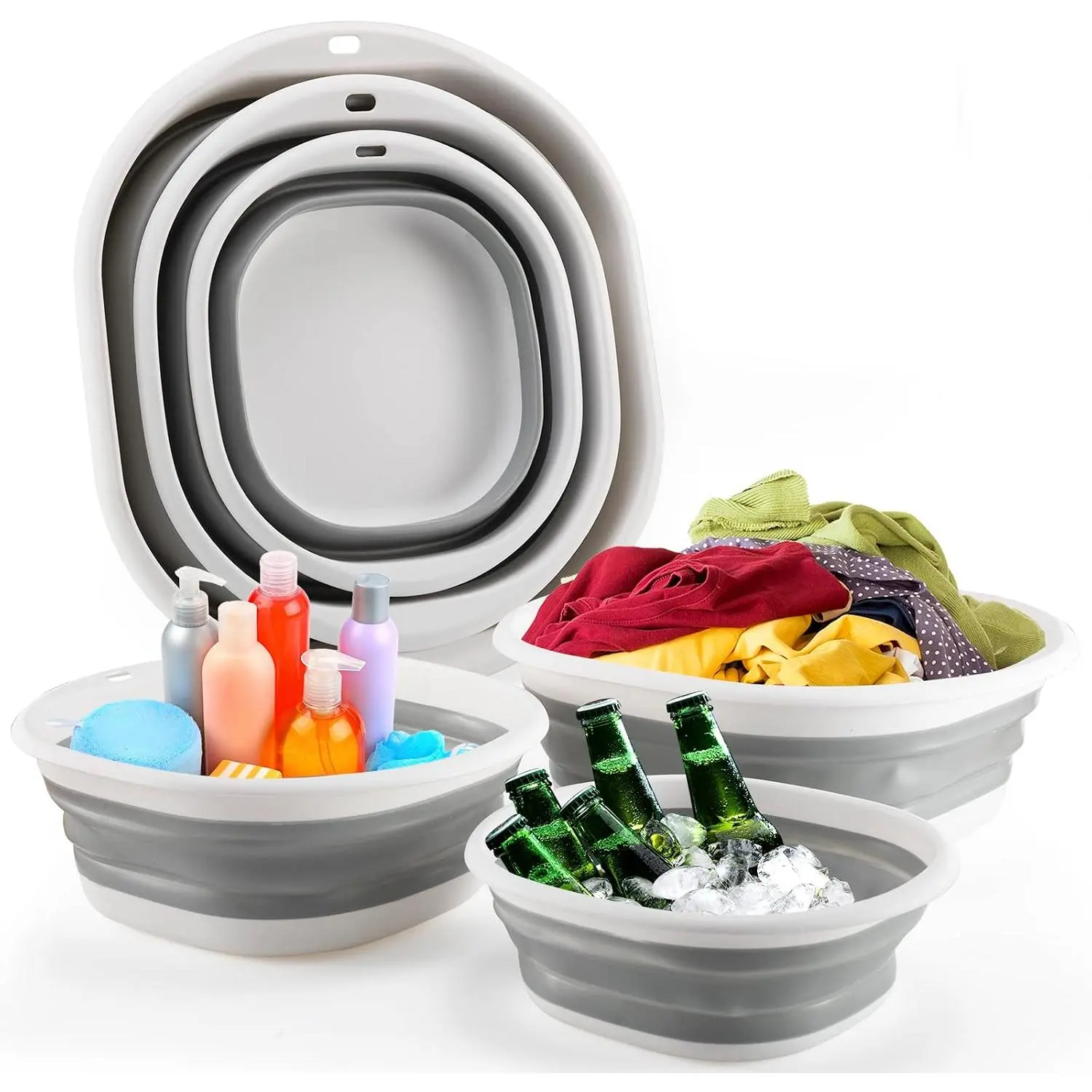 Collapsible Tub Wash Basin Laundry Tub 3 Pack Collapsible Laundry Baskets Foldable Dish Tub Plastic Washtub Space Saving Storage Container for Dishing, Fruit, Camping, Laundry, Hiking &  (Grey)