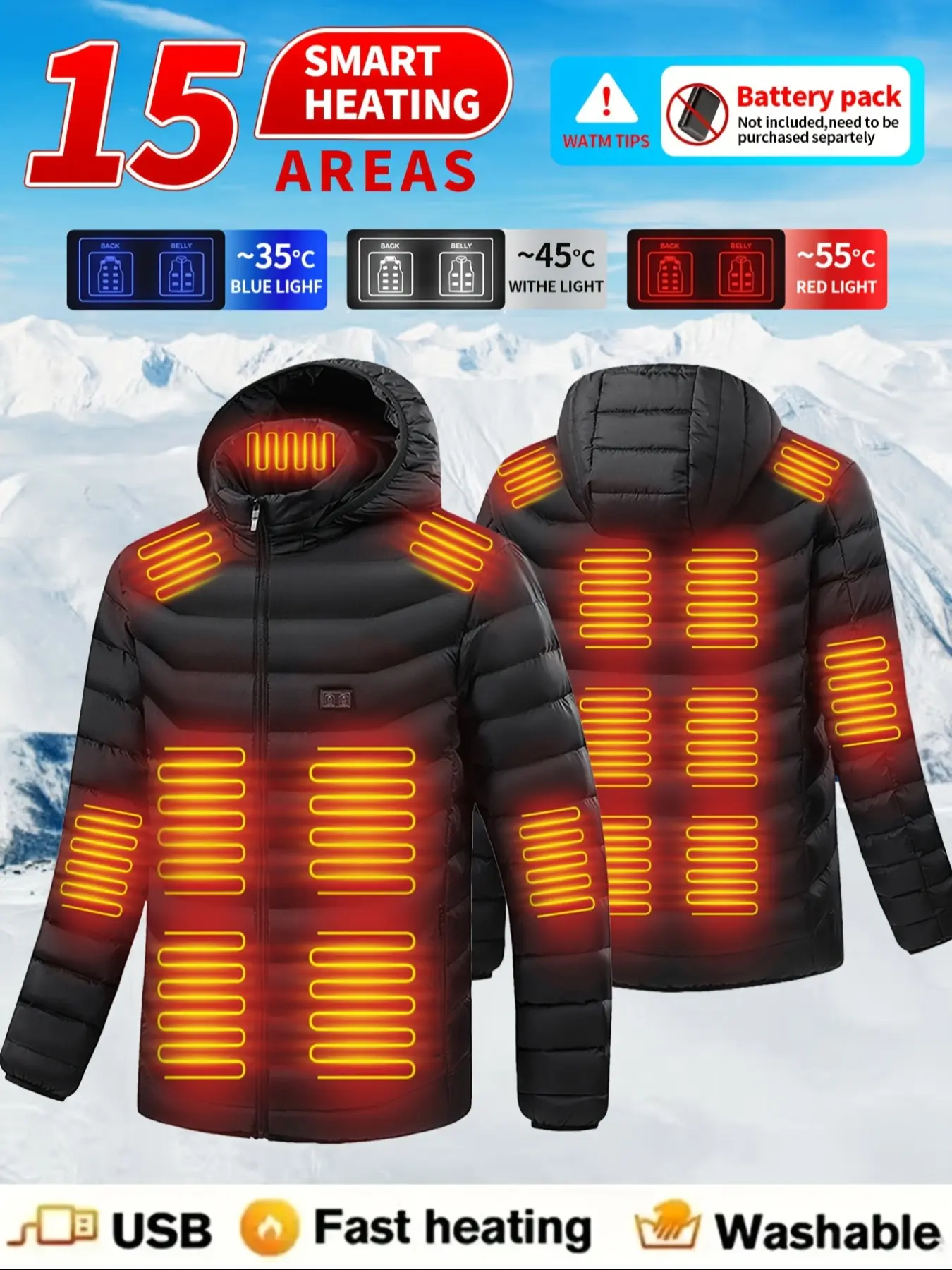 Unisex USB Heated Jacket, 15 Heating Zones, 3-Tier Temperature Control, Washable Electric Warm Coat, Ideal for Cold Weather, Hunting, Skiing, Fishing, Outdoor Work