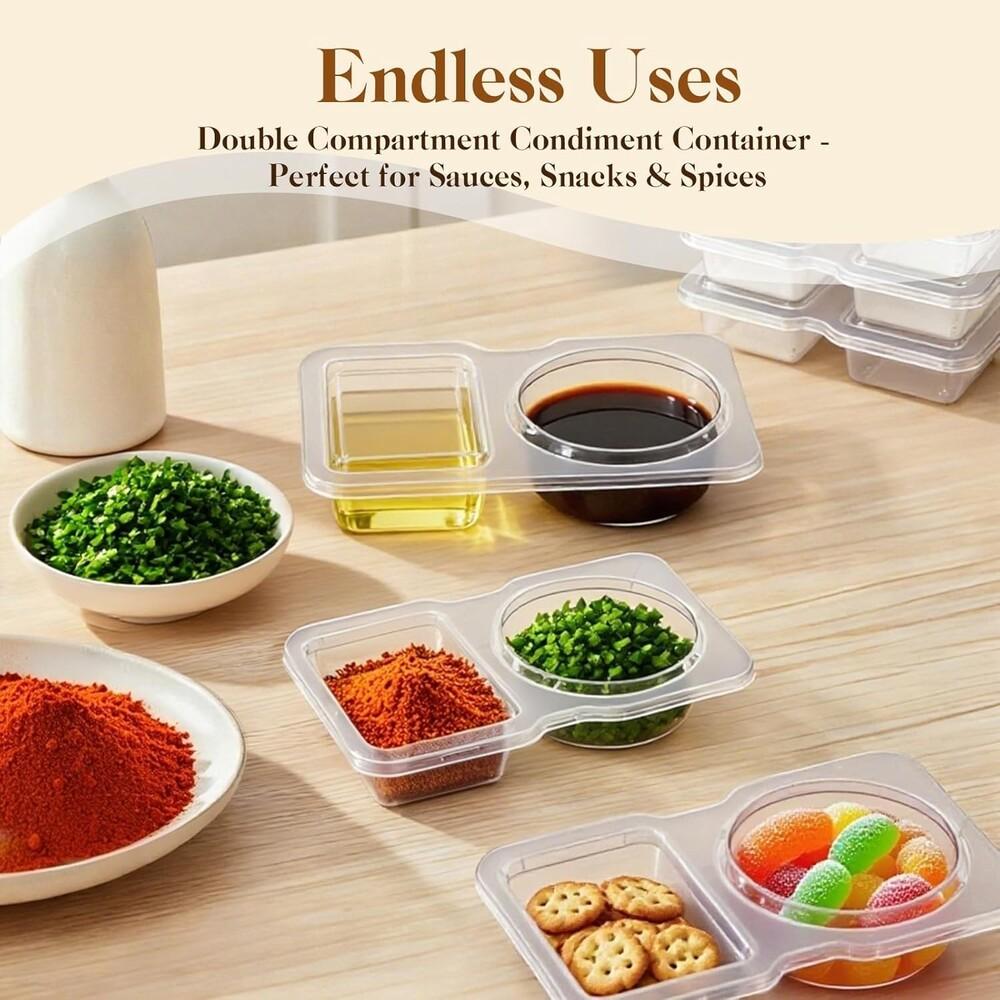 40 Pack Reusable Double Compartment Dipping Sauce Containers with Lids Plastic Boxes for Condiments Snacks Meals Kitchen Party Camping Picnic Travel Takeaway Safe Stackable
