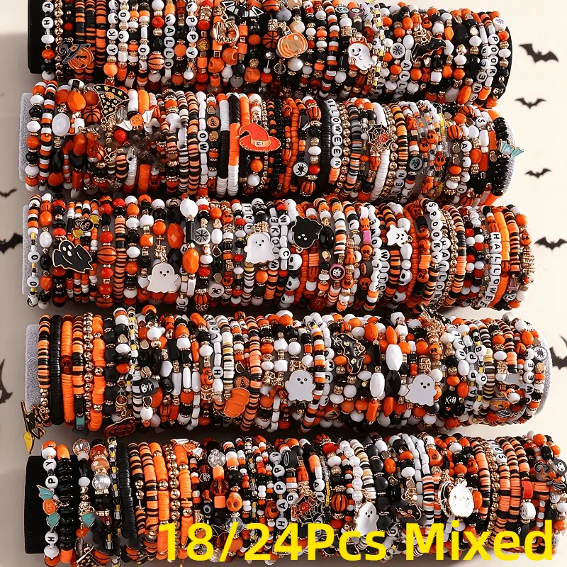 Unisex Casual Halloween Charm Bracelet Set - 18/24Pcs Mixed Spider Bat Charm Stretch Bracelets, Costume Jewelry for Holiday Party, Ideal Gifts for Family & Friends, Halloween Charms