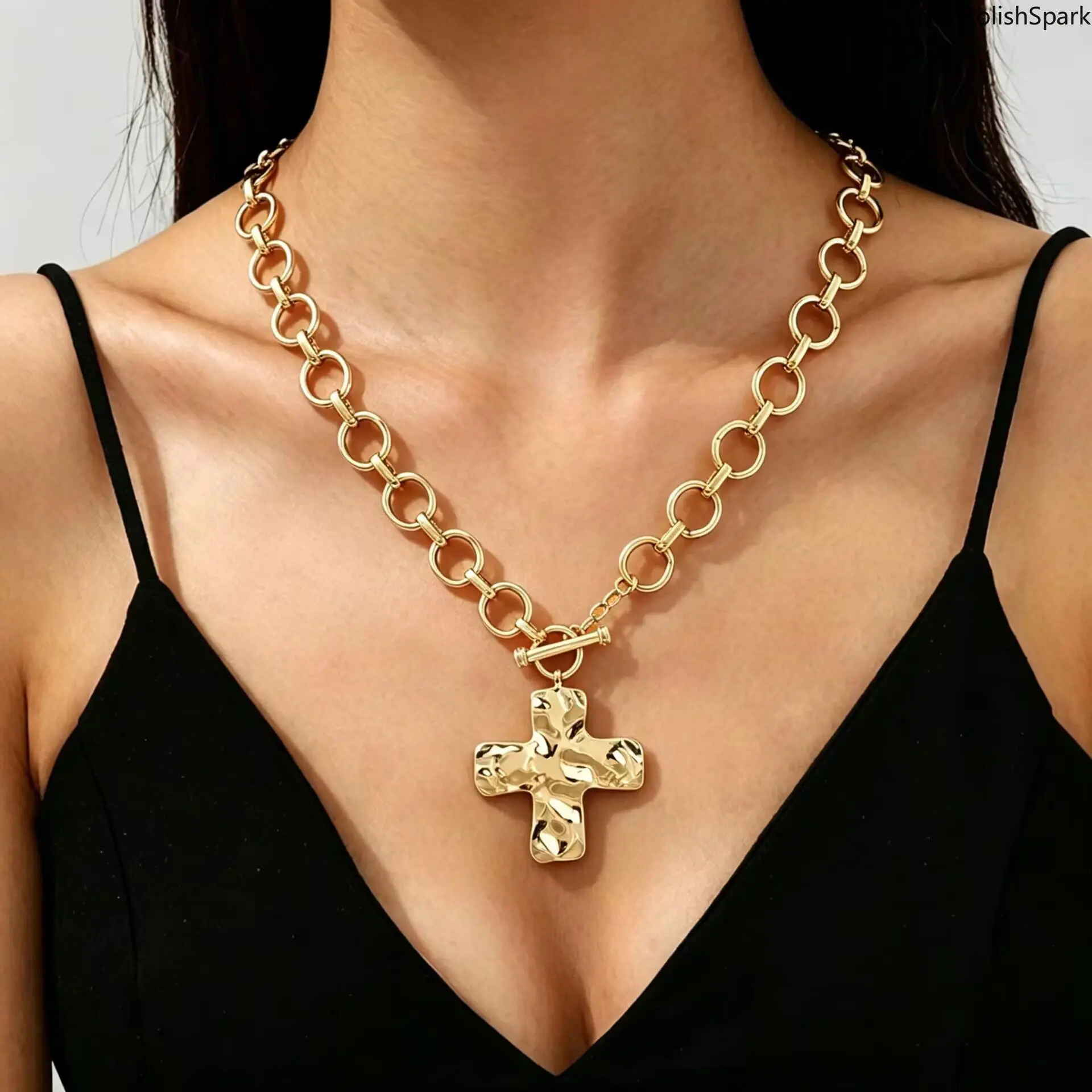 Hammered Cross Toggle Clasp Chunky Chain Necklace for Women Men, Gold Silver Vintage Punk Religious Choker, Statement Jewelry Gift summervibes,summerwins