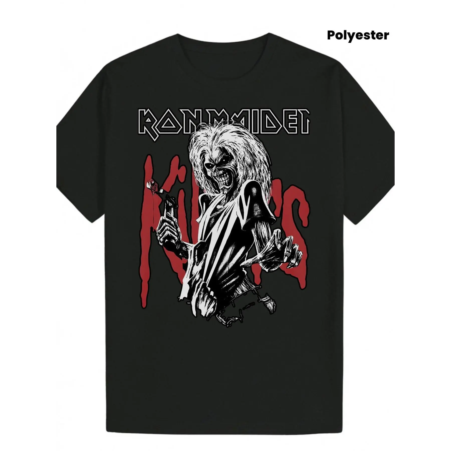 Black Casual Cotton Short-Sleeve Classic T-Shirt - Stylish Garment with Silver Metallic Text, Skull Eddie Design, Heavy Metal Style - Perfect for Rock Fans, Concerts, Shortsleeve