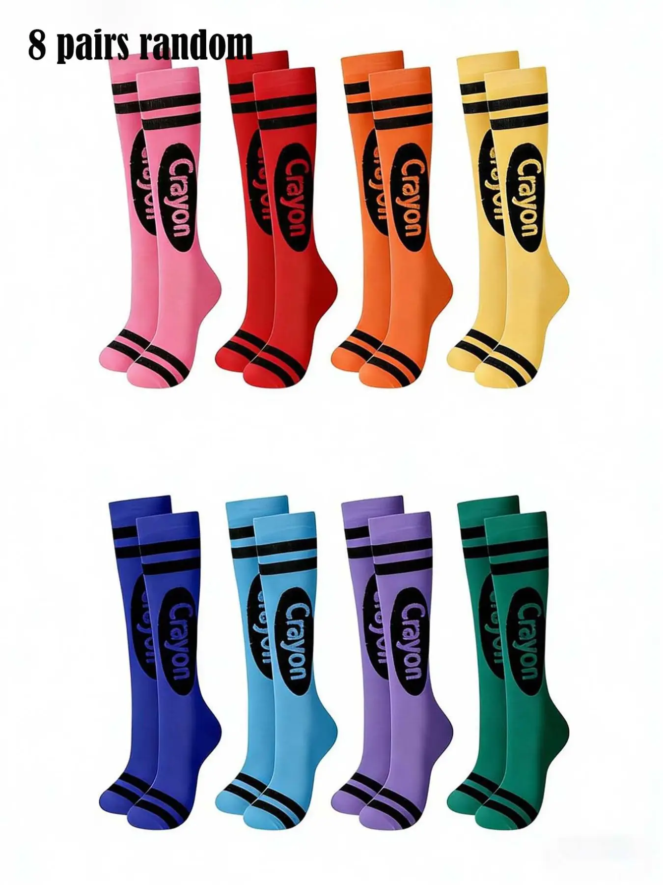 8 Pairs Crayon Knee High Socks for Men Women Colorful Funny Novelty Long Socks Striped Crazy Socks for Party Halloween Cosplay