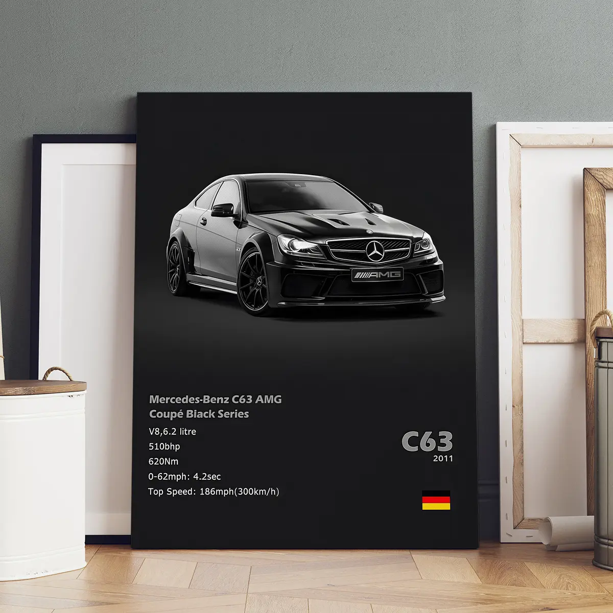 1 count wooden frame canvas, C63 AMG Black series: Performance beast poster, supercar poster, cool car pattern decoration, art corridor office mural, poster home decoration, Decorative artwork, ideal gift, HD, waterproof art, Wall Decor Pictures