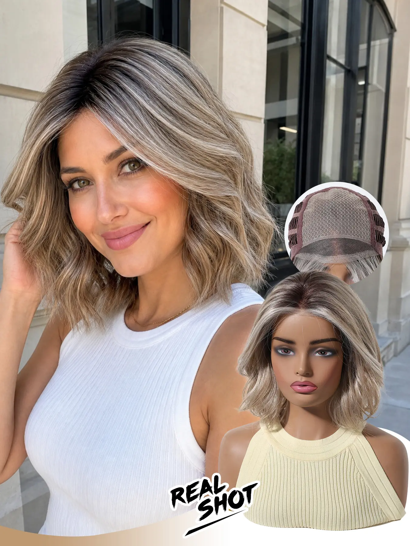 Breathable Short Bob Wig, Mechanized Fiber Mono, Realistic Lace Front, Deep Gradient, Light Hemp Blonde Highlights, Natural Wave Pattern, Lace Frontal Bob, Bob Hair Wig