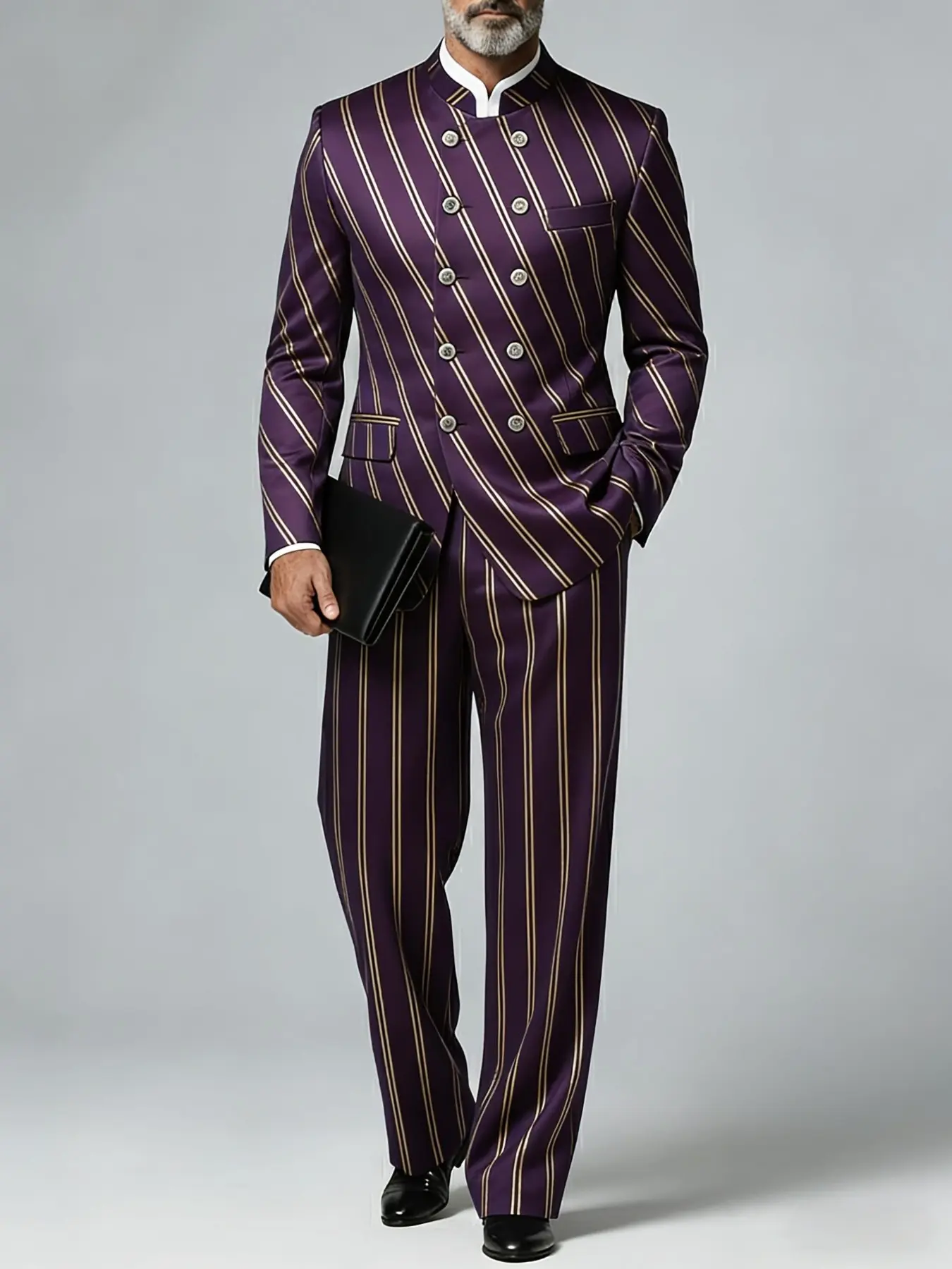 Ainwear Men 2-Piece Striped Suit Set with Mandarin Collar Double-Breasted Blazer and Matching Pants, Luxury Gold Stripe Formal Suit for Wedding Prom Party