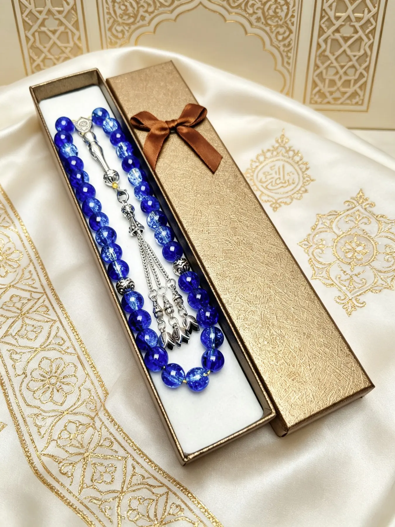 33 Beads 10mm Floral Glass Bead Bracelet, Handmade Tassel Pendant, Islamic Prayer Beads Counter, Muslim Ramadan Gift, Dual Blue Tone