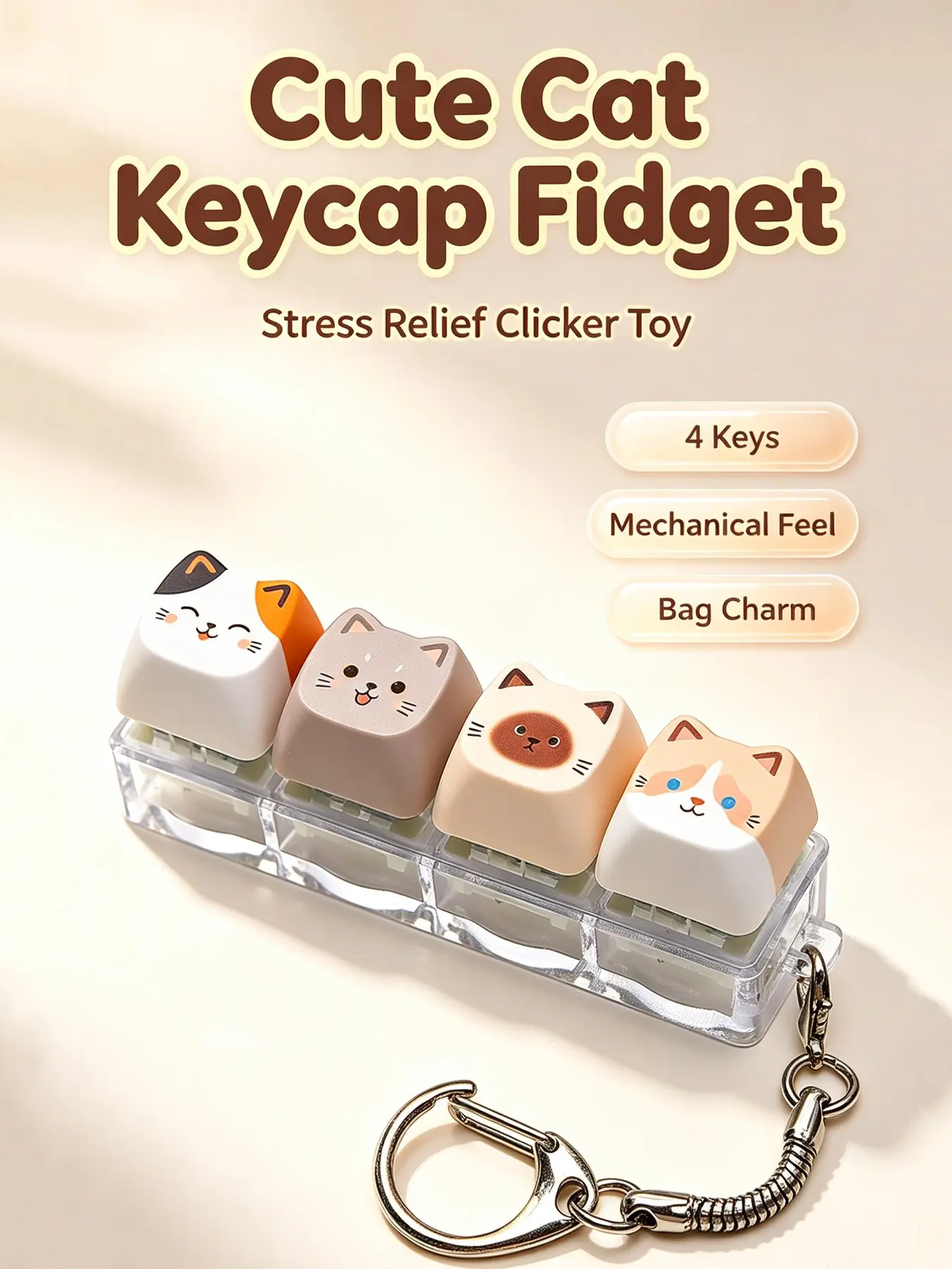 Cute Cat 4-Key Fidget Keyboard Keychain, Keychain Accessories, Mechanical Clicker Stress Relief Toy with Lanyard, Kawaii Cat Face Pattern Fidget Pad, Aesthetic Desk Accessory for Teens & Adults, Anti-Anxiety Fidget Toy for ADHD