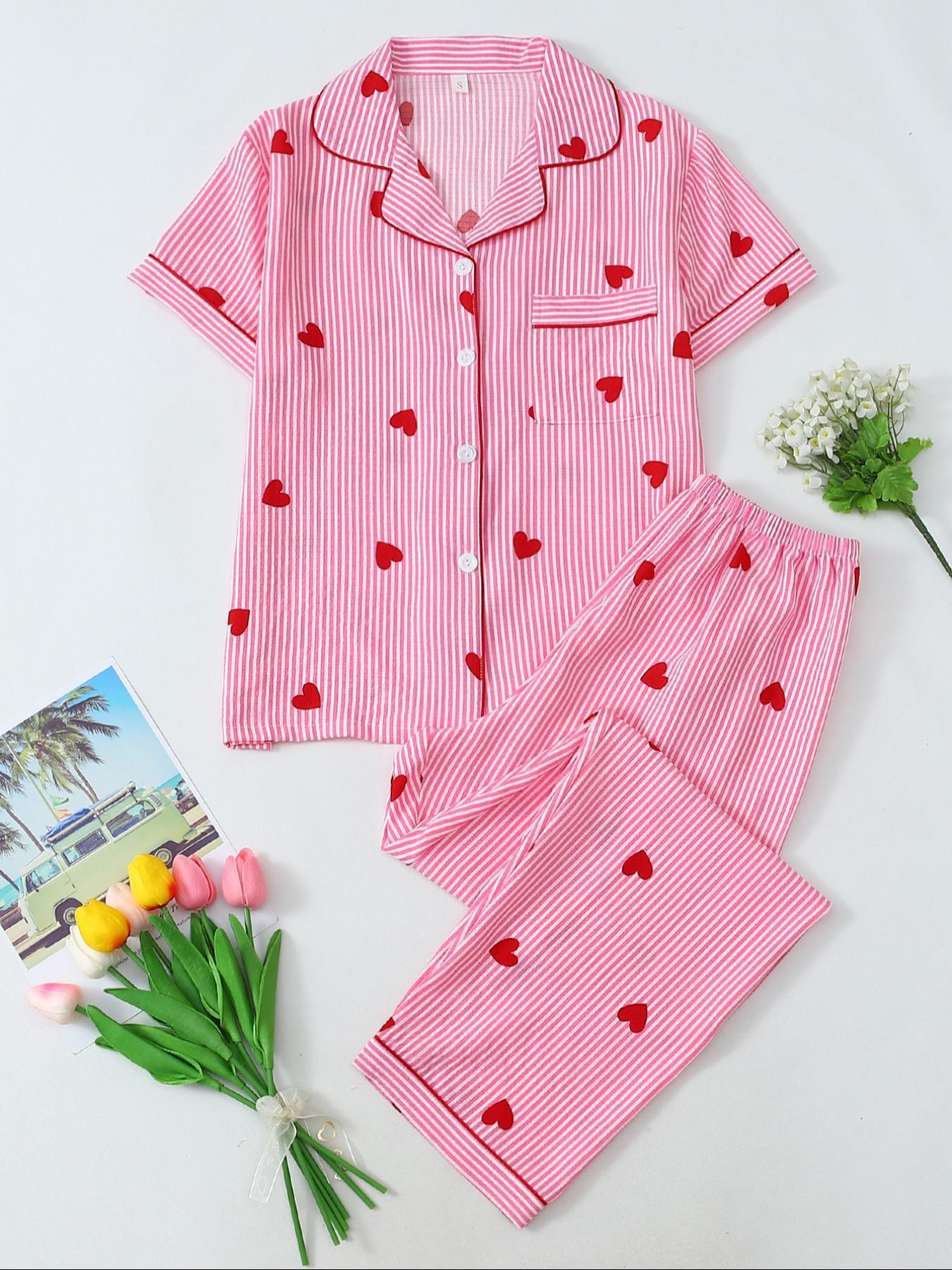 Women's Heart Print Short Sleeve Pajama, Casual Comfy Striped Print Lapel Neck Pocket Shirt & Pants PJ Set, Ladies Sleepwear for All Seasons, Loungewear