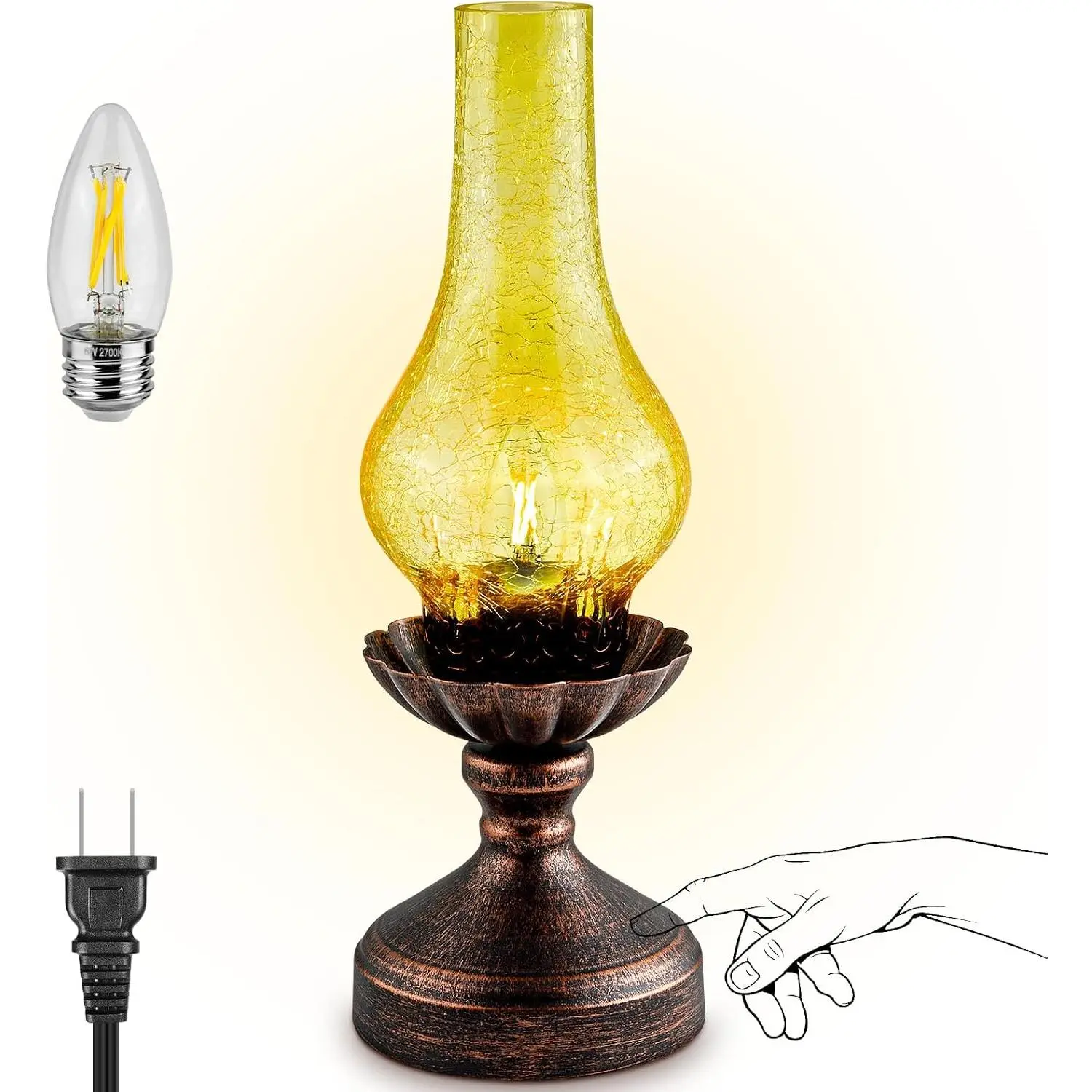 Rustic Retro Touch Control 3-Way Dimmable Ambient Table Lamp with Amber Glass Shade & LED Bulb - Farmhouse Indoor Lighting for Bedroom, Living Room Home Decor Light