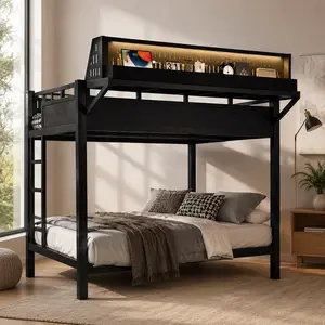Full Size Metal Bunk Bed with Storage Shelves, Pegboard, USB Ports & LED Lights, Heavy Duty Twin over Full Loft Bed for Teens Adults, Black MDF+Metal