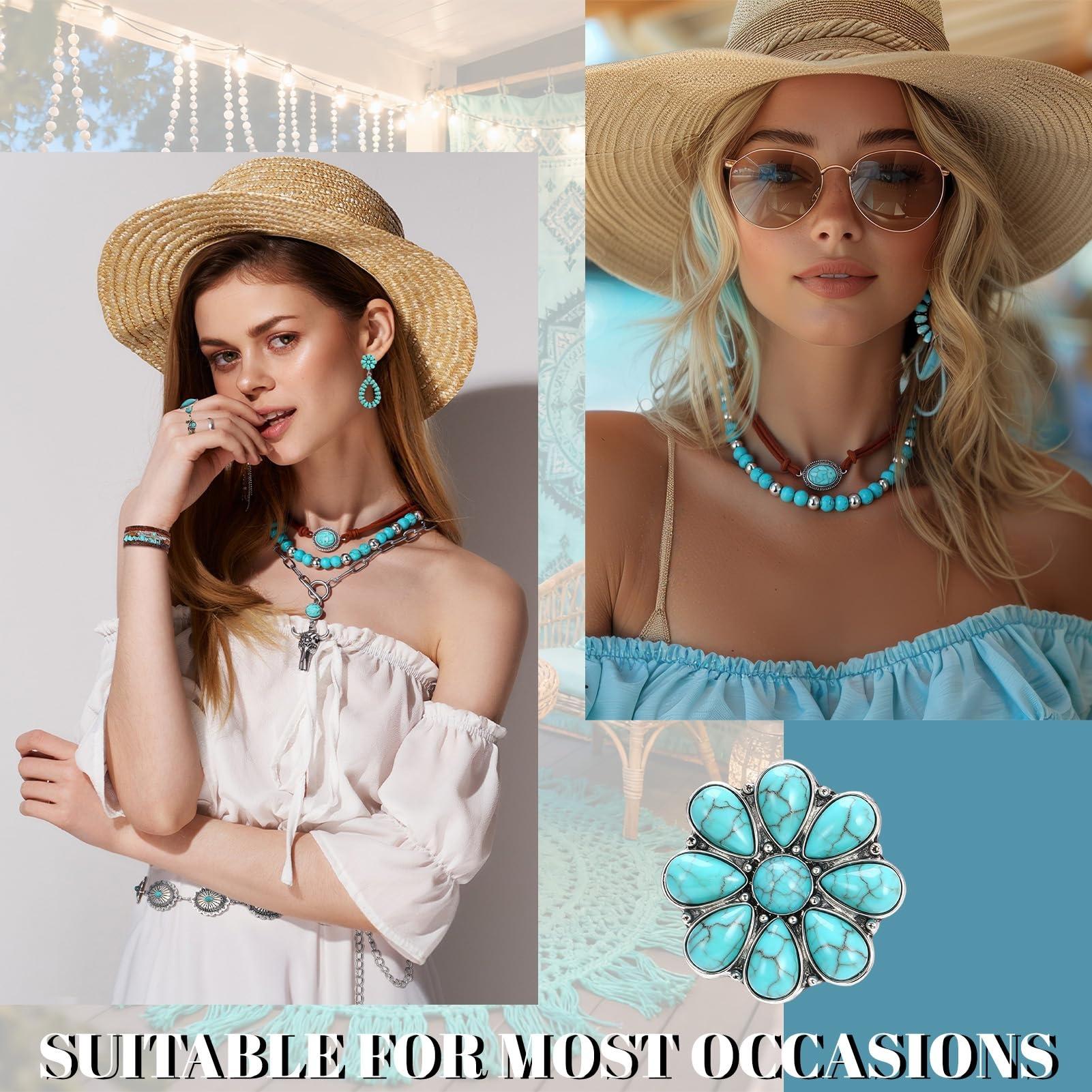 Western Jewelry Set - Boho Turquoise Dangle Earrings, Necklace, Bracelet, Ring with Concho Belt for Women |   Vintage Style, Silver Plated, Artificial Crystal, Copper, Ideal for Gift-Giving and Party Occasions, All Seasons