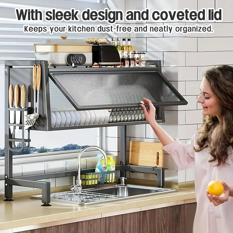 Over the Sink Dish Rack, Adjustable Carbon Steel Kitchen Sink Storage Rack with Utensil Rack, Knife Rack and Cutting Board Rack, Large Capacity Space Saving Kitchen Storage Rack, Black