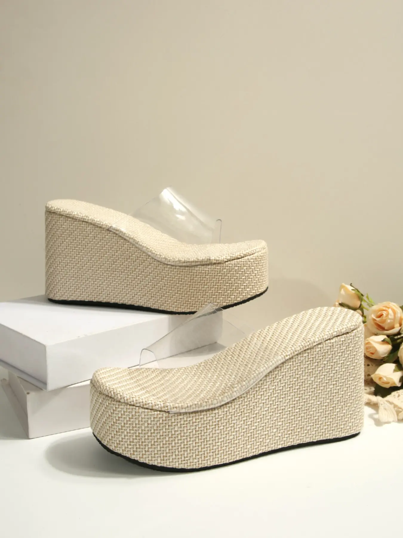 Women Clear Strap Woven Platform Wedge Slides, Open Toe Slip On Espadrille Wedge Mules, Minimalist Boho Summer Slippers, Natural Beige, Summer Wedges