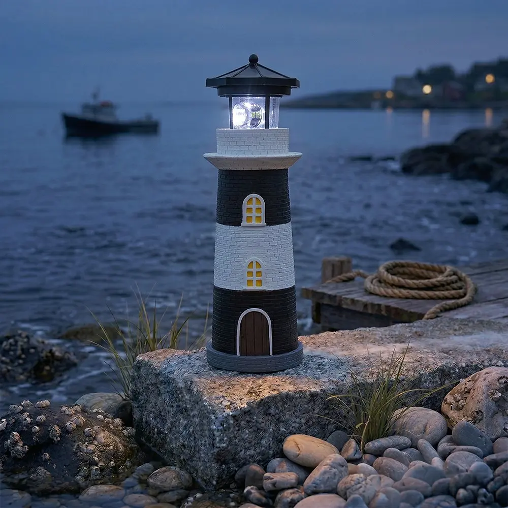 Outdoor Solar Lighthouse Lawn Statue Lamp, 360° Rotating LED Nautical Garden Decor Lights, Durable Resin Sculpture, Patio & Pathway Decoration, Holiday Gift