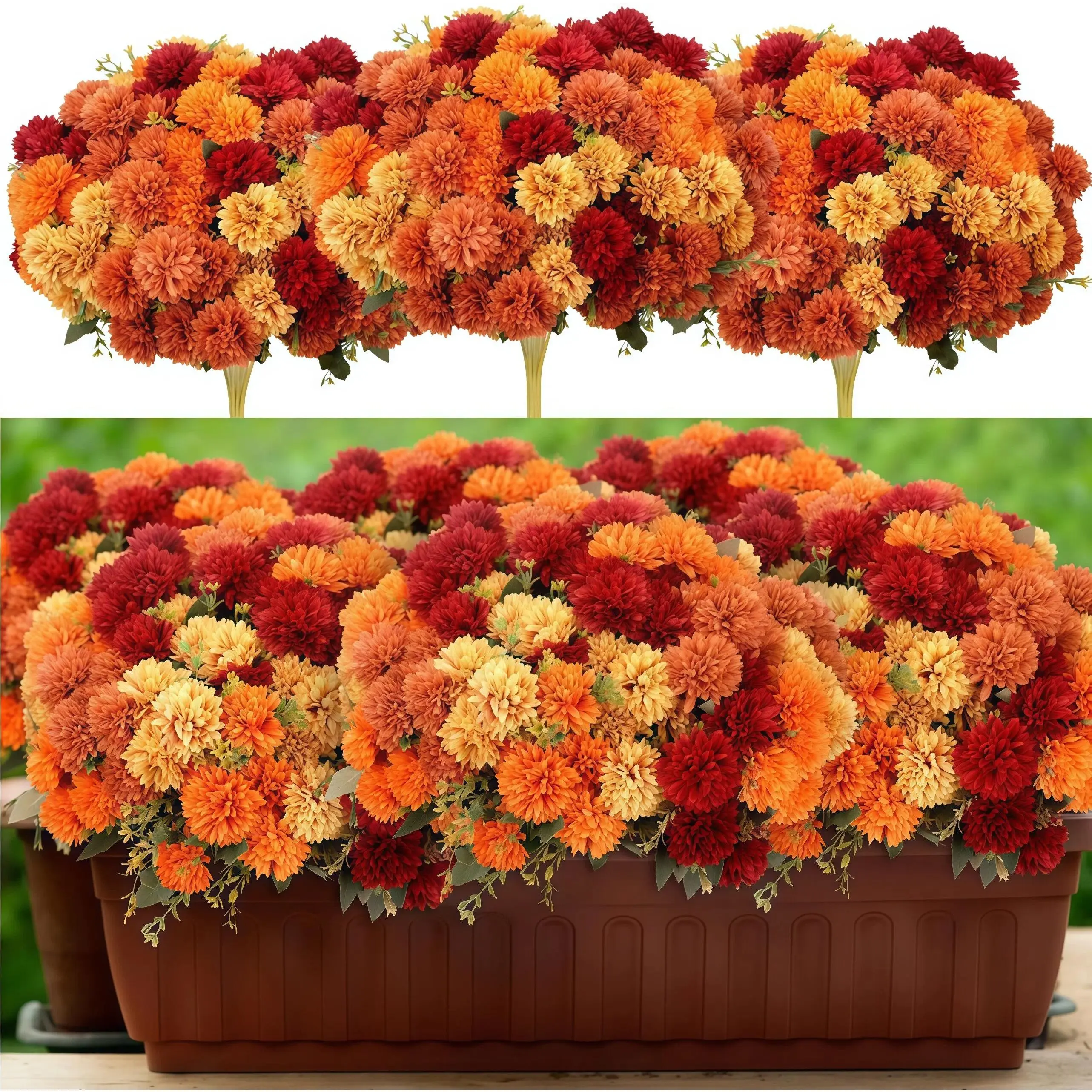 12/24-Bundles Realistic Colorful Faux Flowers Set - UV Resistant Colorful Fake Flower, Plastic Daisy & Eucalyptus Leaf Artificial Flower Plant for Porch Window Box Table Vase Home Indoor Outdoor Decoration