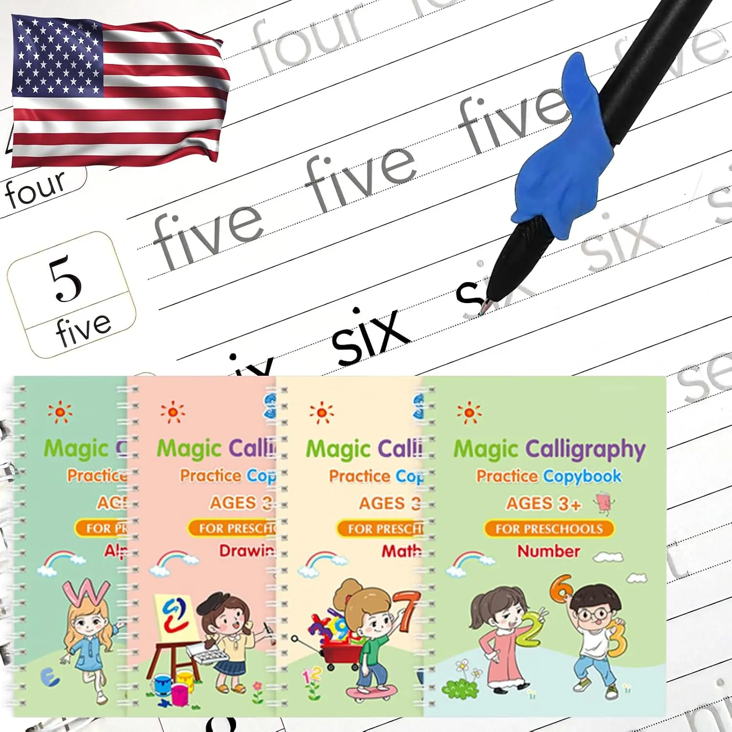 Magic Grooved Writing Practice - 4 English Trace Trek Workbooks for  3-5,  Tracing Practice Book,  Handwriting Without Tears, 4-Theme Copybooks Disappearing Pen (Pack of 4, Big)