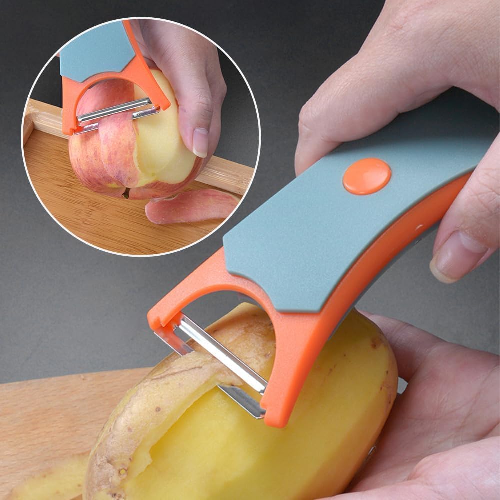 2-in-1 Stainless Steel Multifunctional Kitchen Peeler - 13.5x8.5cm Utensil with Peeling & Serrated Blades, Ergonomic Non-Slip Handle, Dishwasher Safe, Rust-Proof Durable Design for Fruits, Potatoes, Veggie Prep, Utensils