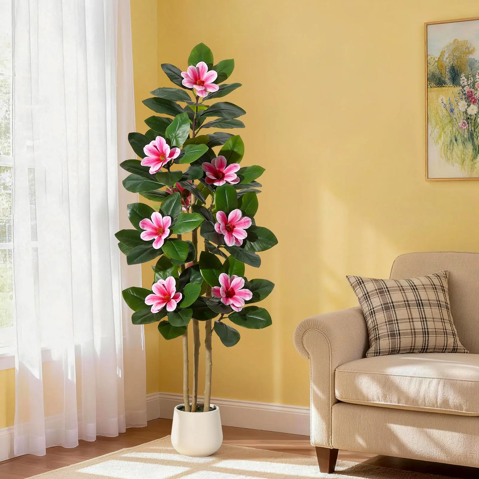 5ft Potted Artificial Magnolia Tree with Pot, Faux Pink Blooms & Green Leaves, Silk Decor Plant for Living Room, Office Users (Leaf-Included Home Decor Accent), Potted Tree, Silk Plant