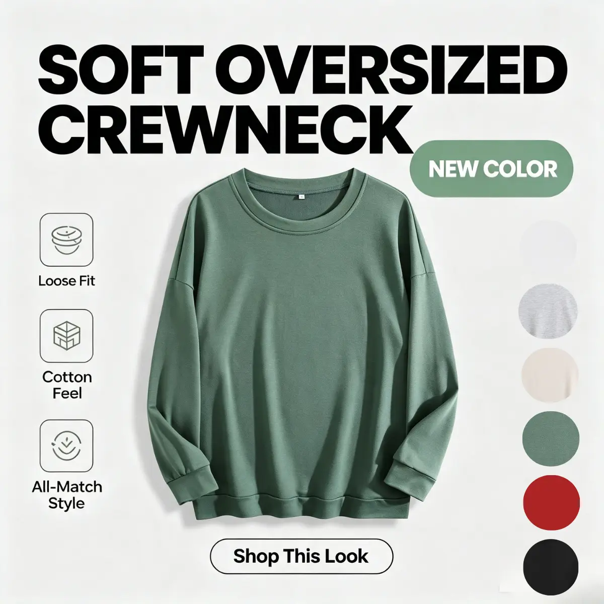 Women's Casual Oversized Sweatshirt, Solid Color Crewneck Pullover, Chic Long Sleeve Drop Shoulder Top in Soft Polyester Spandex