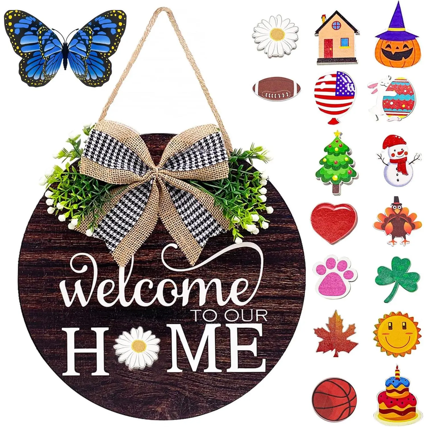 Interchangeable Seasonal Welcome Sign Front Door Decorations, Round Wood Wreath  Outdoor, Farmhouse, Porch Perfect  New Home Housewarming Gift, Valentine's, Easter, Christmas Home Decor