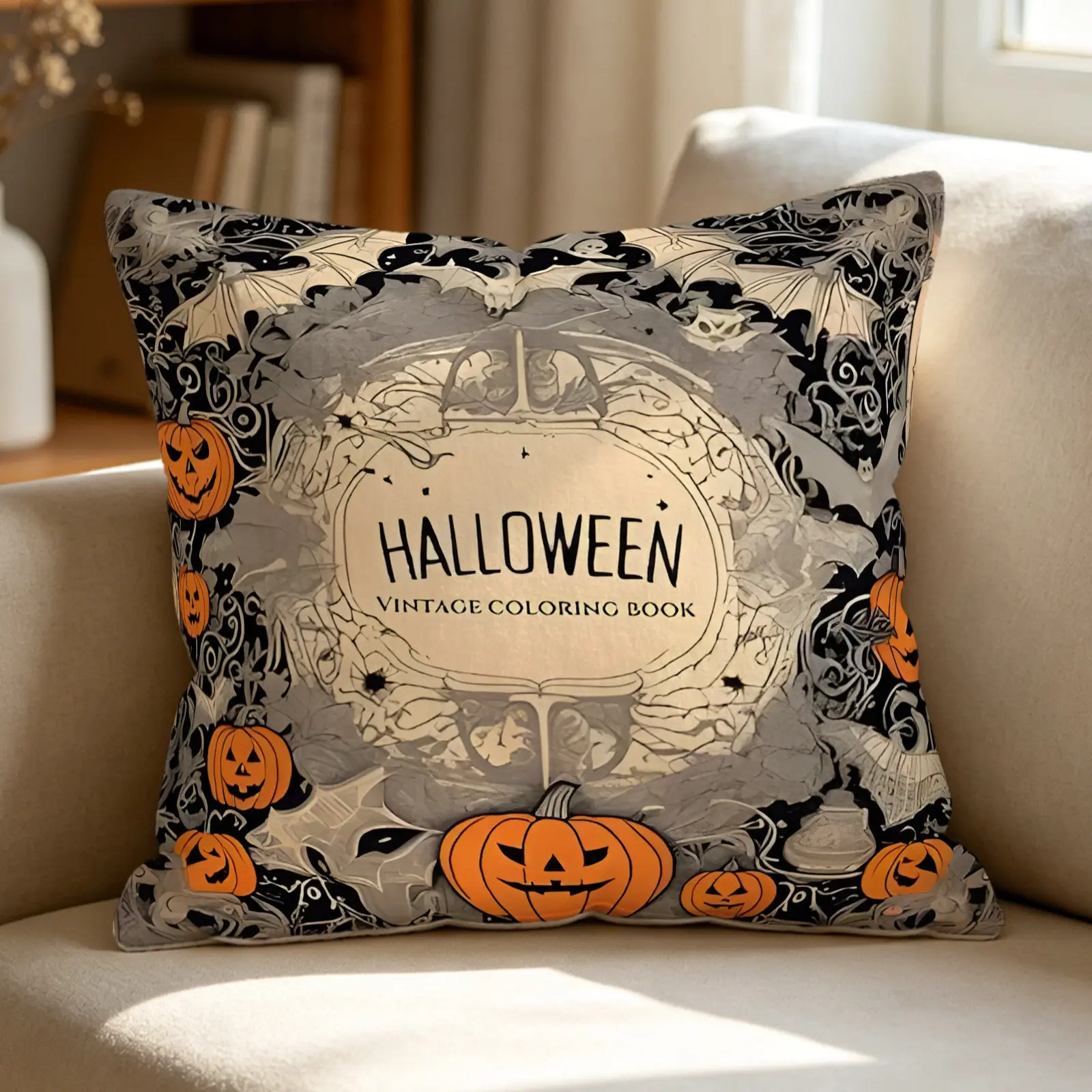 Vintage Halloween Throw Pillow, Cushions For Sofa, Soft Square Cushion With Pillow Core, Decorative Accent Pillow With Pumpkin Ghost Pattern, Multi-Scene Decor For Couch Bedroom, Spooky Holiday Home Ornament For Adults