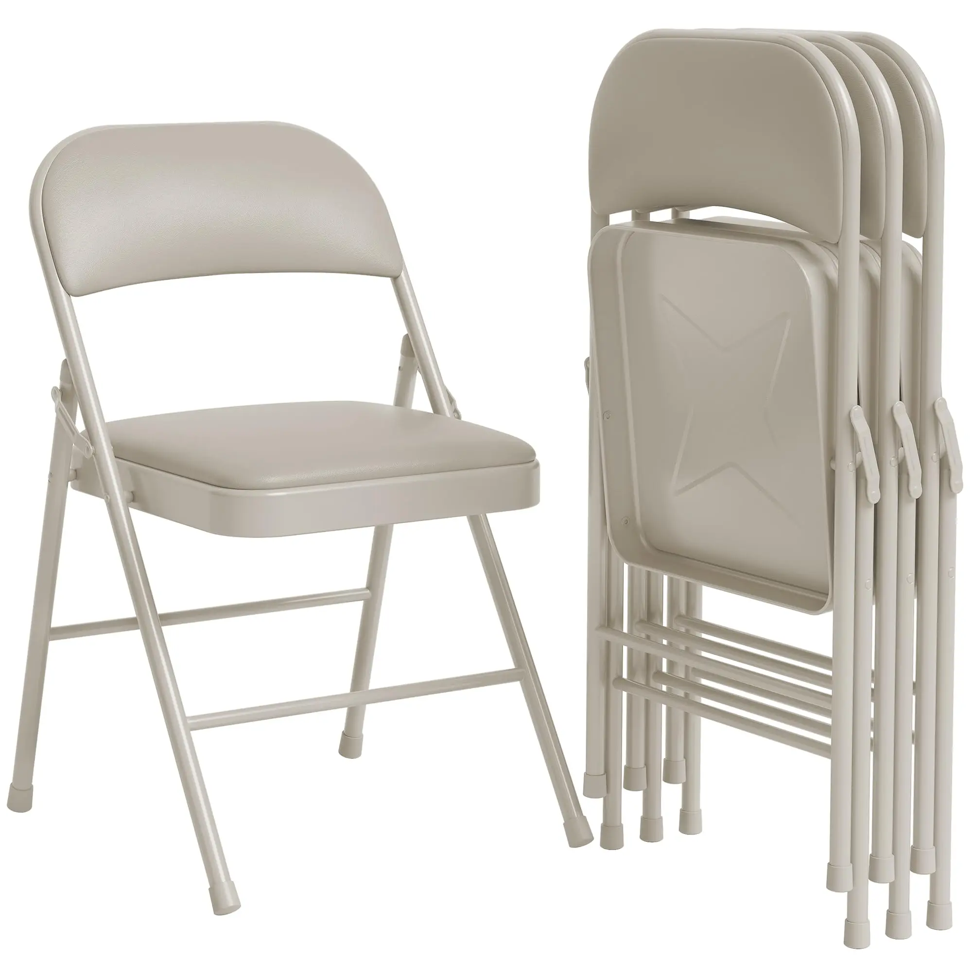 Set of 8 Heavy Duty Metal Folding Dining Chairs – Padded PU Leather Seat & Ergonomic High Back, 350lb Capacity, Stackable & Portable, Appropriate for Home, Office, Indoor/Outdoor Use, Beige