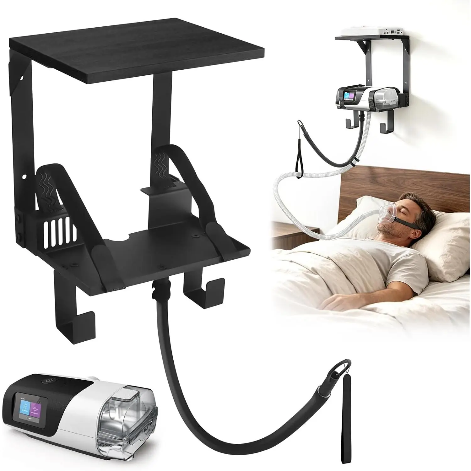 CPAP Wall Mount Shelf with Storage for ResMed AirSense 11, 2-Tier CPAP Stand with Adjustable Hose Hanger & Mask Hook, Space-Saving Bedside Shelf, End Nightstand Clutter & Avoid Hose Tangles, Black