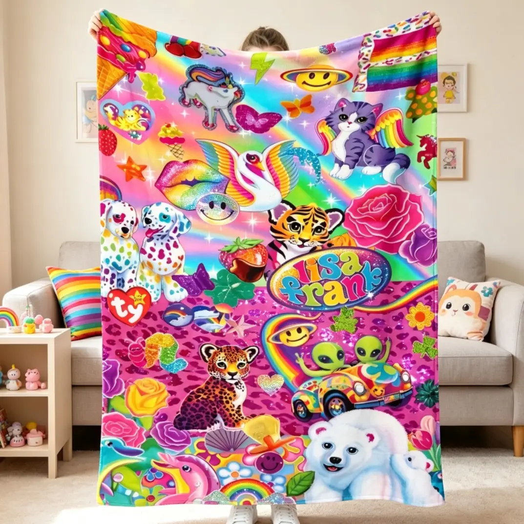 Lisa Frank Collage Flannel Blanket, Vibrant Playful Character Print Soft Warm Throw Blanket, Nostalgic 90s Style Cozy Blanket for Home Relaxation, Bedroom Sofa Bed Office Decor, Lightweight Plush Blanket Gift for Adults Kids