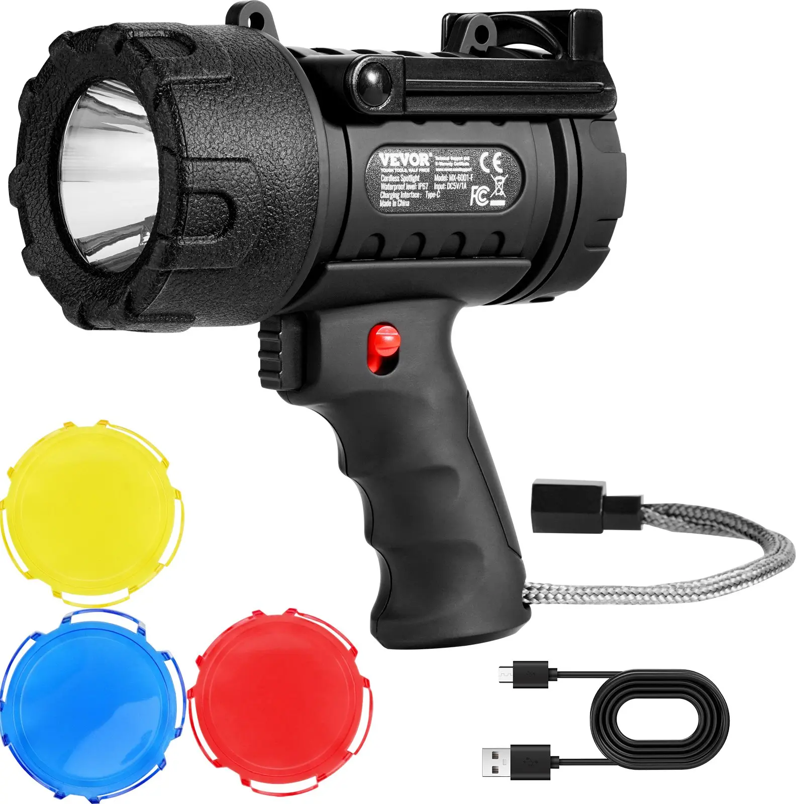 VEVOR Rechargeable LED Spotlight Flashlight, 200000 Lumens, IP67 Rated Waterproof Handheld Searchlight, 4 Modes, Detachable Lens, USB Port, for Hunting, Boating, Super Bright