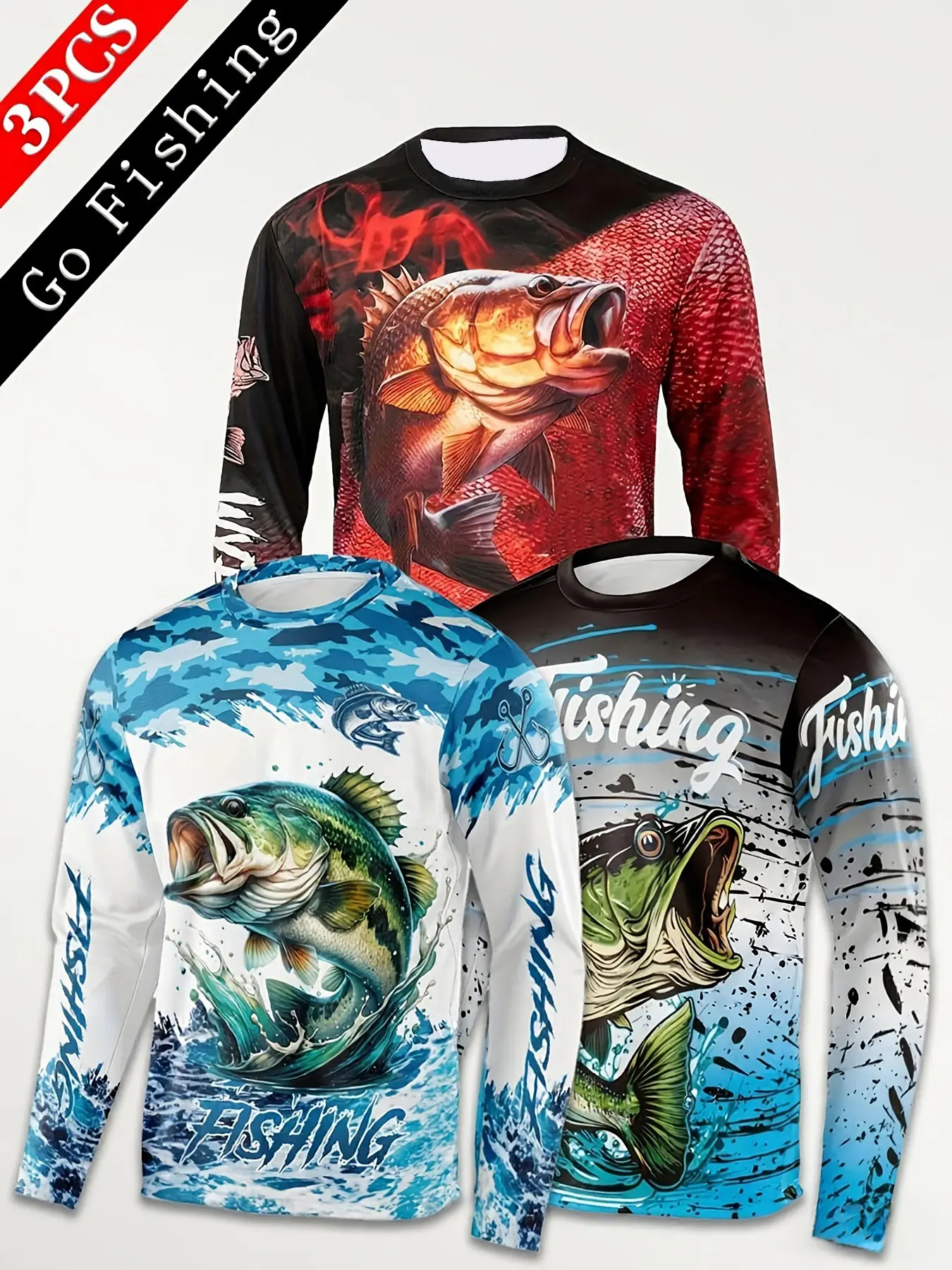 3 Pack Men’s Bass Fish Graphic Crew Neck Long Sleeve T-Shirt, Camo Wave Fishing Pattern Outdoor Casual Top, Breathable Lightweight Lake Angler Daily Tees, Trendy Outdoor Sport Shirts For Adult Male Fisherman, Multi Color Fishing Print Long Sleeve Tops.