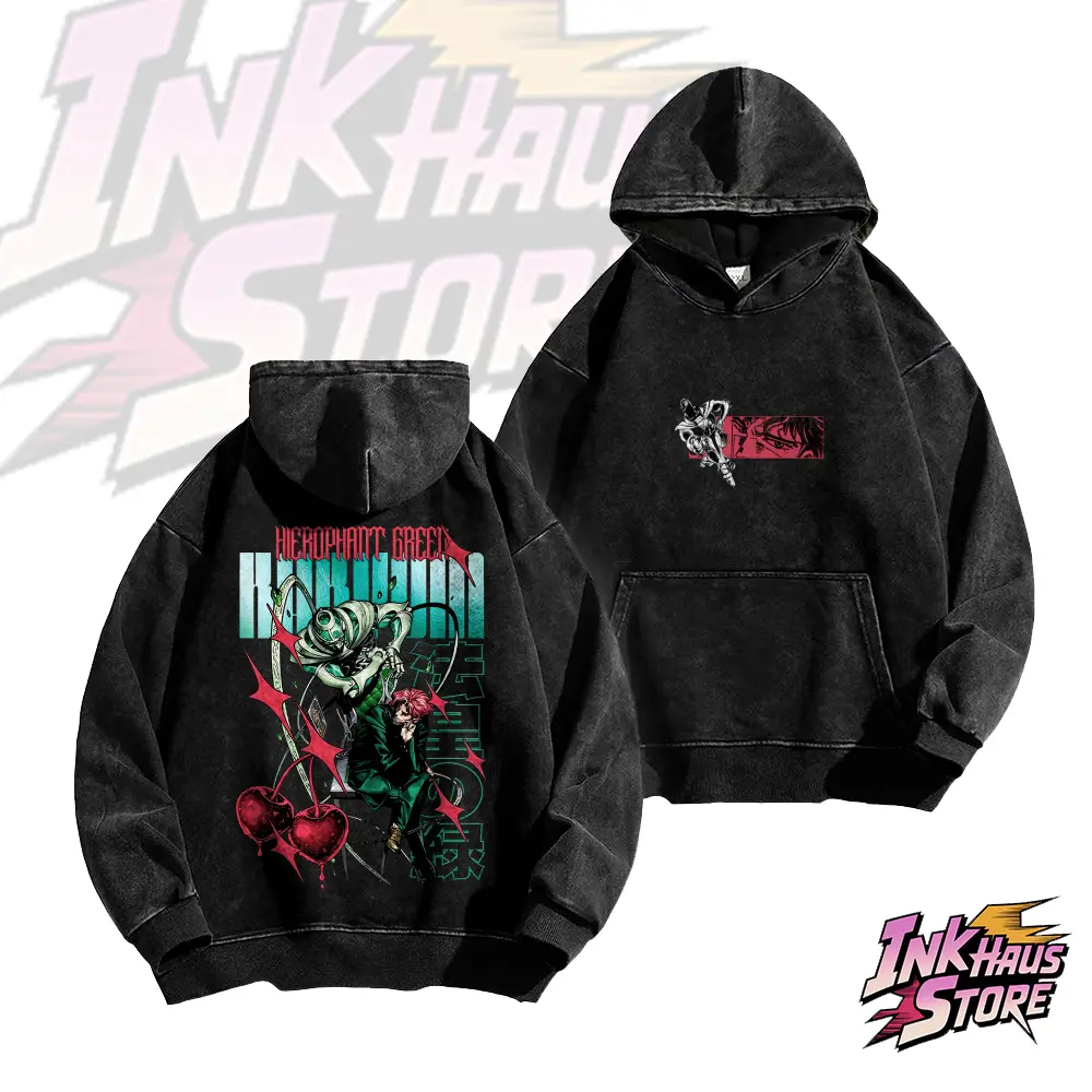 Inkhausstore-Inkvaultarchive JoJo Kakyoin Hierophant Green Vintage Long Sleeve Cotton Unisex Vintage Hoodie