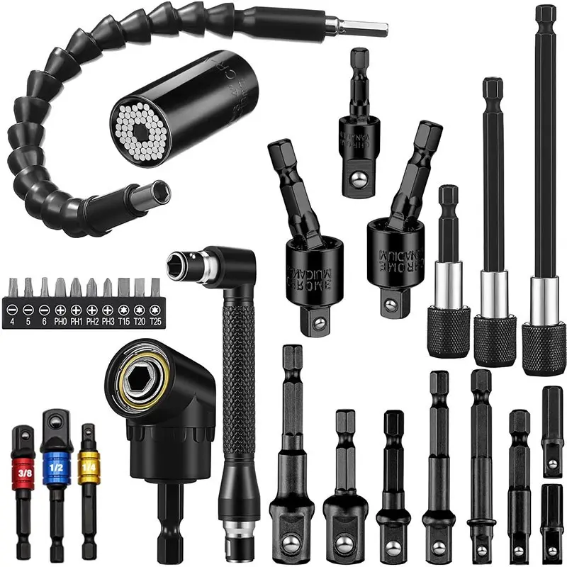 31-Piece Flexible Drill Bit Extender Set, 105° Right Angle Drill Bit, Hex Socket Adapter, Bending Drill Bit Extender, Screwdriver Kit, Right Angle Drill Attachment, Drill Bit Extensions