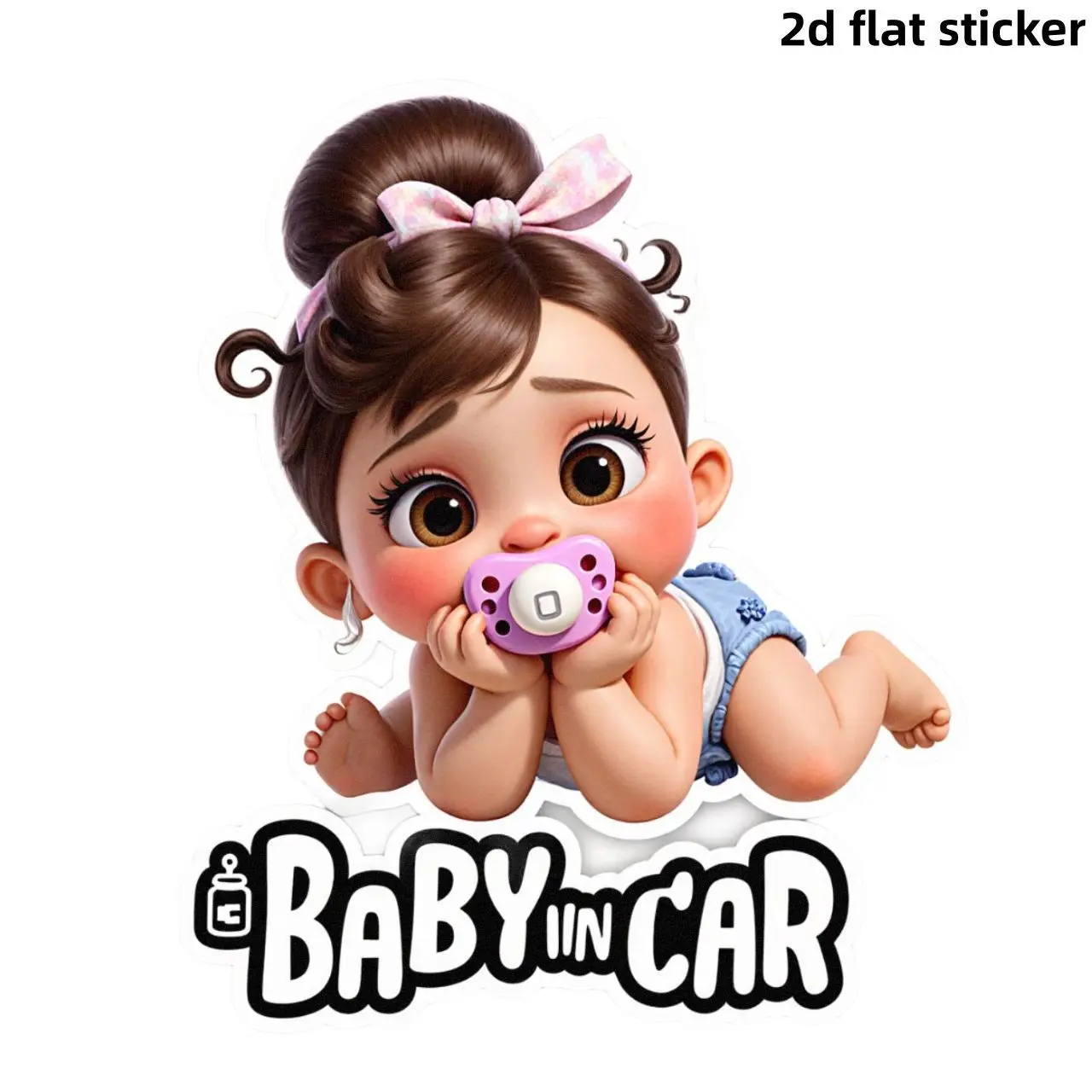 5inch cartoon baby girl car stickers, featuring a baby girl lying on her back with a brown bun hairstyle, purple pacifier, and smiling expression. Suitable for decorating cars, motorcycles, laptops, tablet, Automotive decals