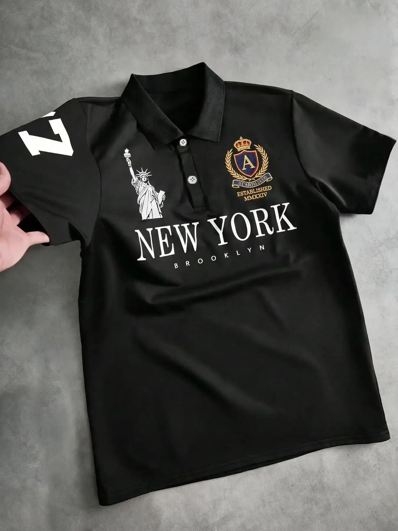 Men's Short Sleeve Polo Shirt, Classic Collar Button Front, Statue of Liberty Print, Breathable Lightweight, Casual Street Style