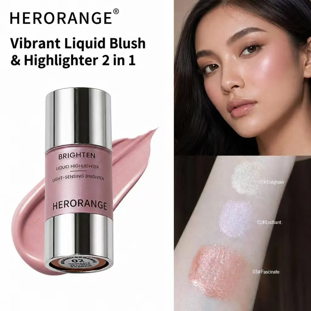 HERORANGE 2 in 1 liquid blush and highlighter with bottom press design for precise dosage clean and hygienic smooth dewy texture easy to blend non caking suitable for yellow and olive skin three colors for contour brightening daily blush