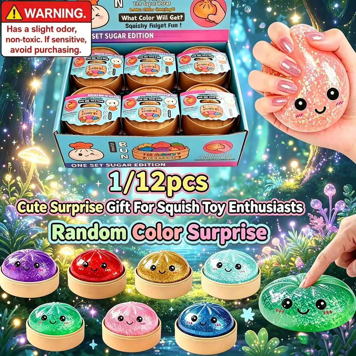 1/12 piece set - Sparkling dumpling with steamer, squishy glitter dumplings, soft Fidget baozi squeeze toy, used to relieve adult stress and anxiety, soft squeeze stress relief dough - soft and fluffy squeeze toy