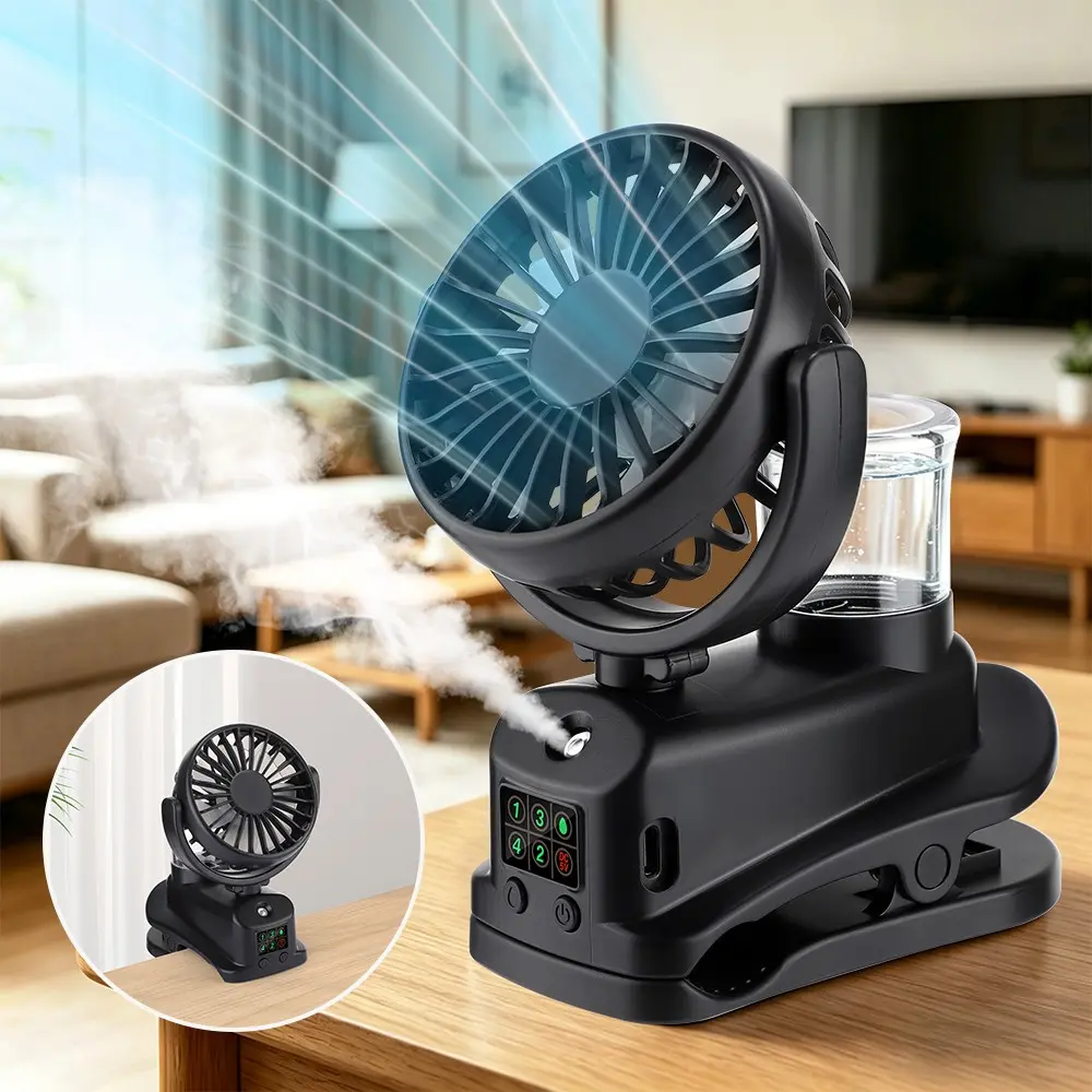 Portable Clip-On Spray Fan, 4-Speed 360° Rotating Mini Desk Fan, LED Digital Display, 1200mah Battery, Ideal for Office, Bedside, Stroller