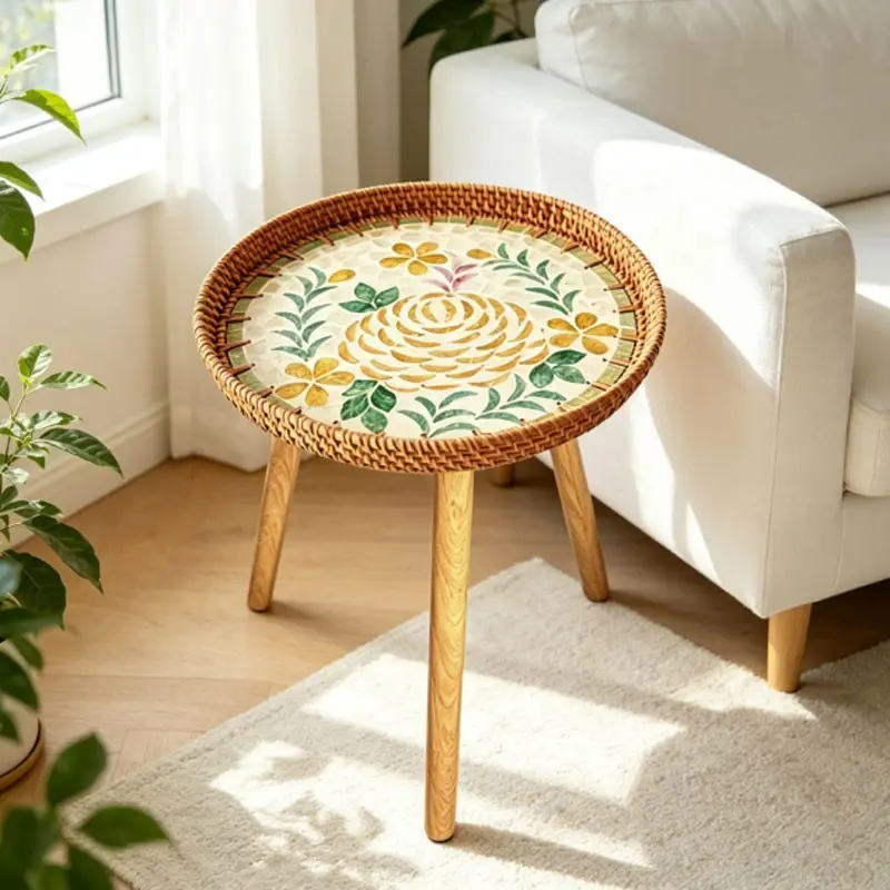 Boho Vintage Round Table, Handmade Shell Woven Wood Small Side Table, Home Decor Storage Piece, Tea Tray Design, Perfect for Living Room, Indoor Side Table