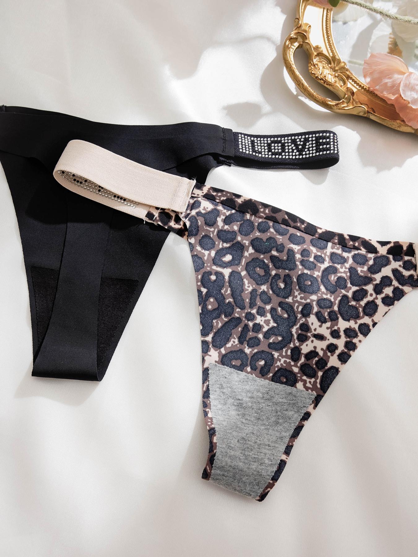 Women's Leopard & Letter Print Rhinestone Decor Casual Thong, Soft Comfy Breathable Stretchy Drop Waist Panty for Daily Wear, Underwear for All Seasons, Summer Outfits 2024 Women's Leopard & Letter Print Rhinestone Decor Casual Thong, Soft Comfy Breathable Stretchy Drop Waist Panty for Daily Wear, Underwear for All Seasons, Summer Outfits 2024