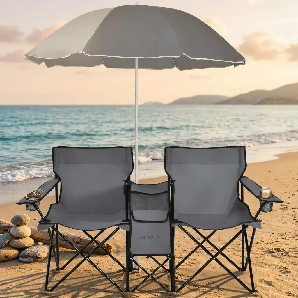 Double Folding 2-Person Sturdy Solid Waterproof Portable Outdoor Loveseat with Adjustable Umbrella, Side Table, Cooler Bag, Cup Holders, Side Pocket for Camping, Patio (Collapsible Foldable Beach Chair, Portable Shade Parasol), Beach Chair Foldable, Outdo