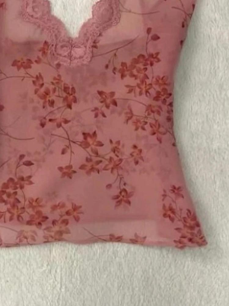 French See Through Sexy Suspender Top Women New Vintage V-neck Lace Vest Hot Girl Print Casual High Street Camis 2000s Outfits