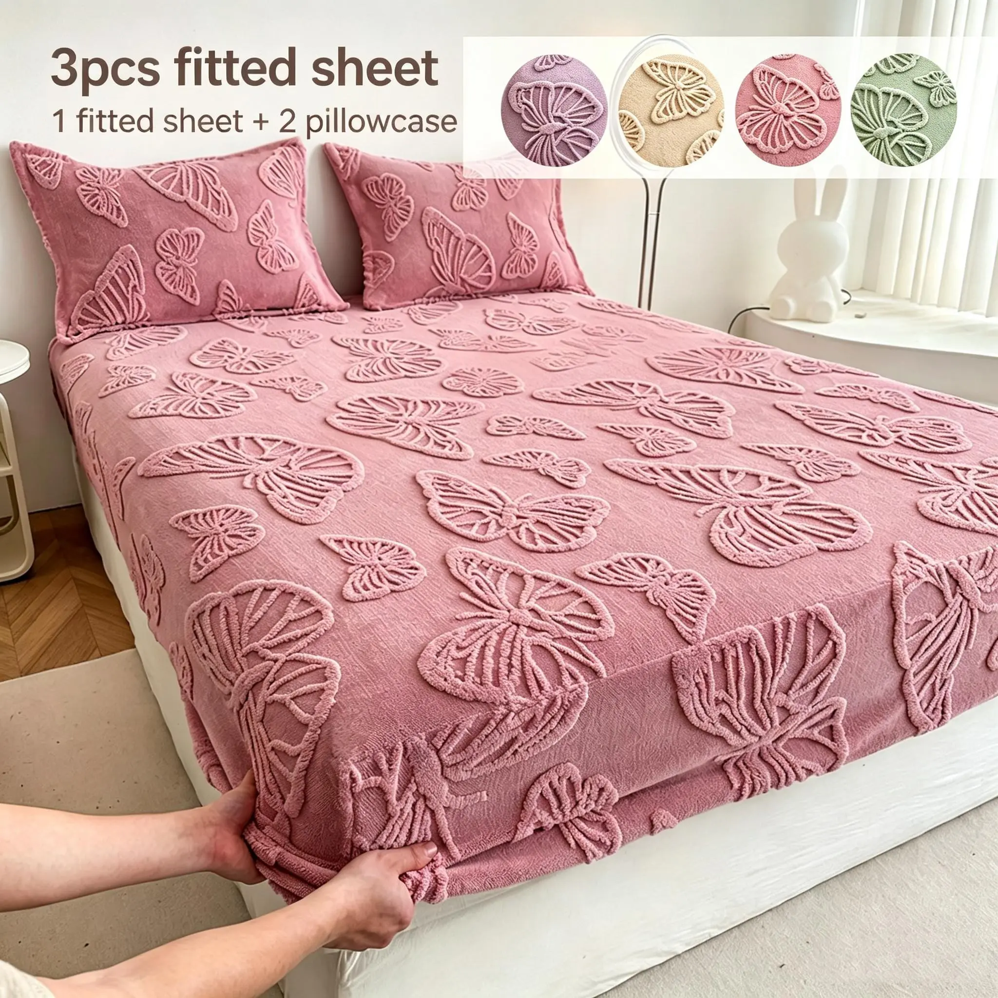 3-Piece Set Bedding, Thick Milk Velvet Butterfly Quilted Comforter, Ultra Soft Warm Crystal Velvet Mattress Protector, Hotel Linen, Cozy Home Gift