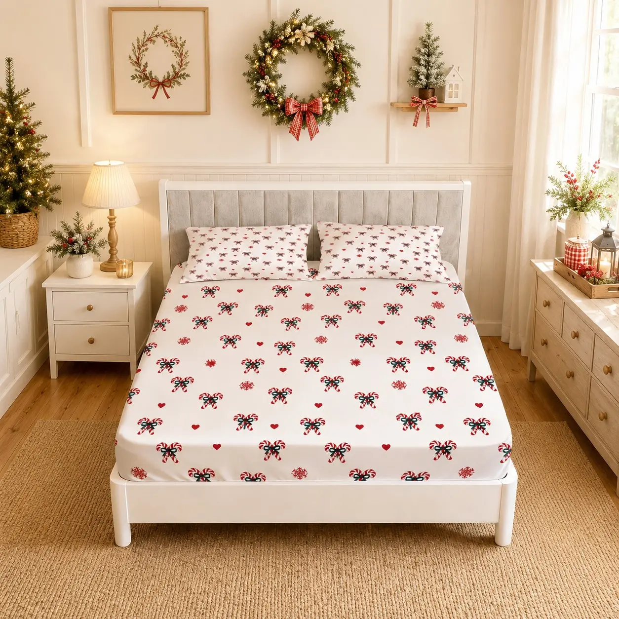 3 Pieces Christmas Candy Cane Fitted Sheet Set, Cute Xmas Red Heart & Snowflake Printed Bed Fitted Cover (1 Fitted Sheet + 2 Pillowcases), Pillow Inserts Not Included, Perfect for Bedroom, Farmhouse Holiday Home Decor & Christmas Gifts