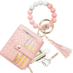 Silicone Bracelet Wristlet Wallet Credit Card Holder RFID,ID Window,Key Ring Tassel,Slim Wallet Women Keychain Purse