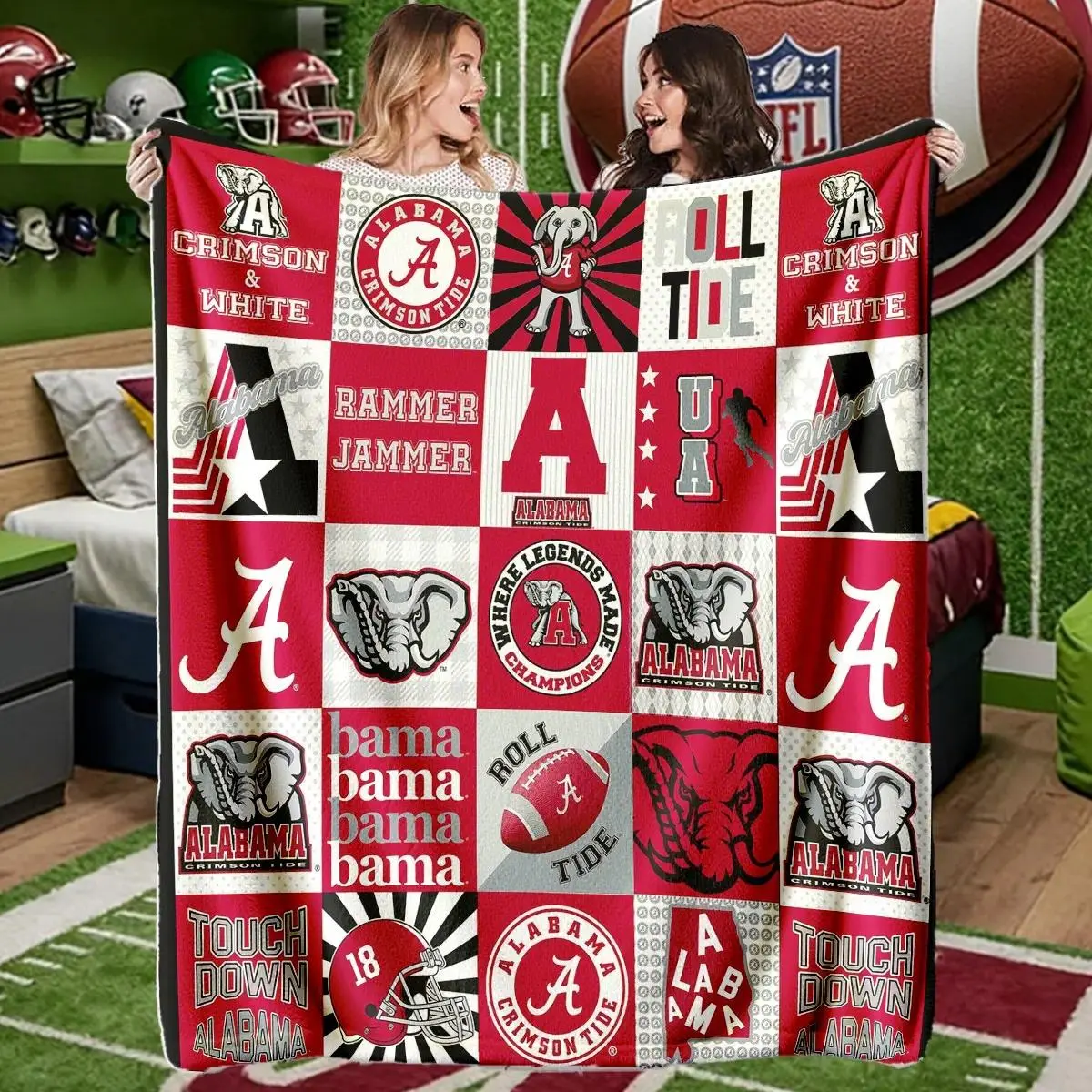 Alabama Crimson Tide Patchwork Blanket, High-Weight Flannel Fabric, Soft and Warm, Anti-Wrinkle, Easy Clean, Machine Washable Blankets, Ideal for Fans and Football Lovers, Slogan Printed Blanket