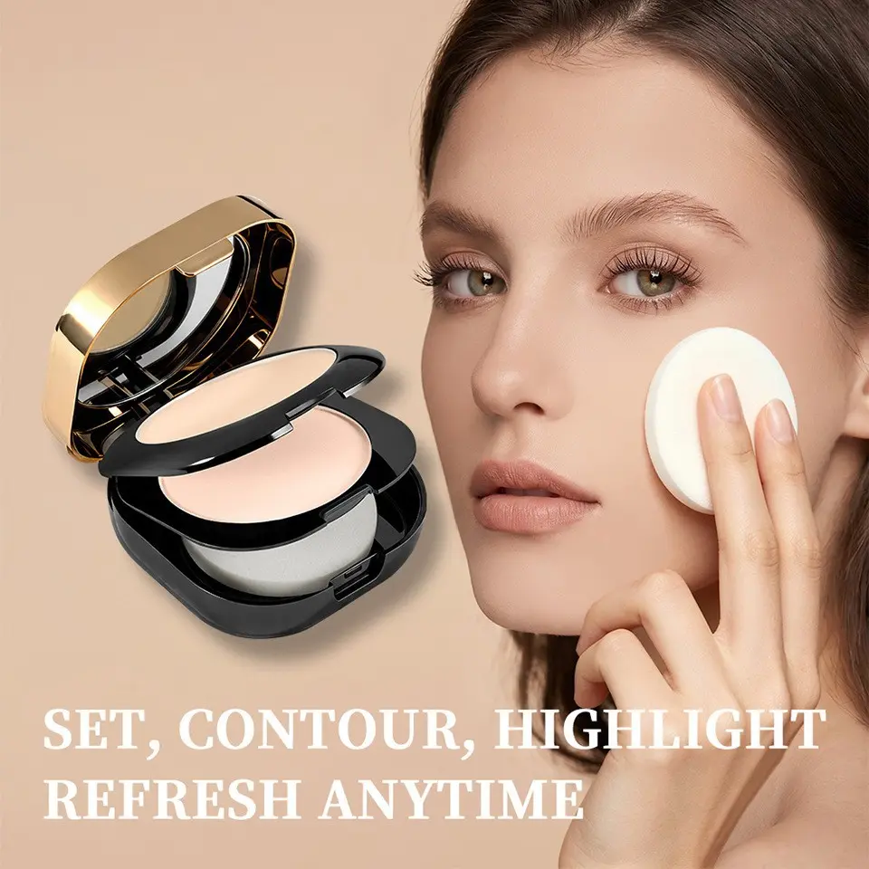 Collagen Dual-Layer Twin-Tone Powder Cake, Contour & Brighten Combo, Long-Lasting Setting, Oil-Control, Soft Focus, Makeup Base Powder